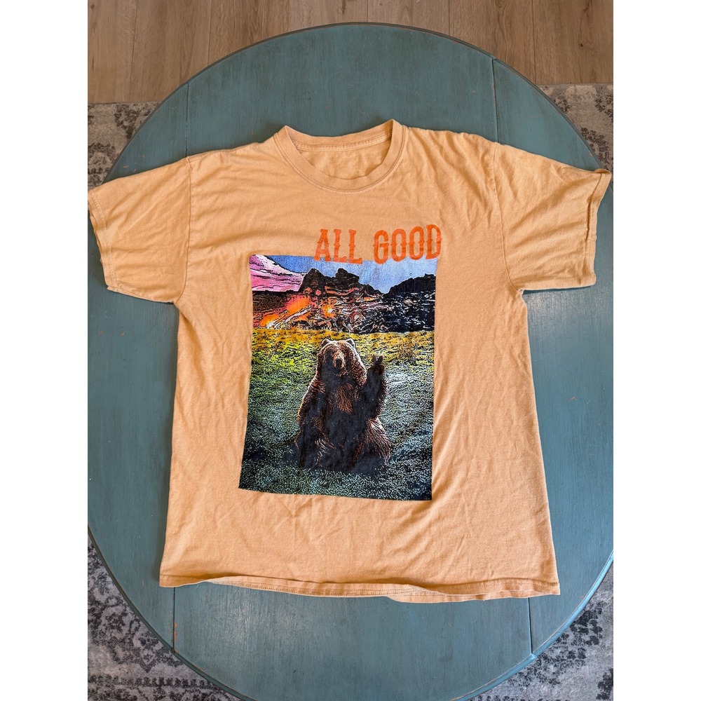 RP1 All Good Bear Graphic T-Shirt Mens Large Mustard Yellow Mountain Sunset Tee